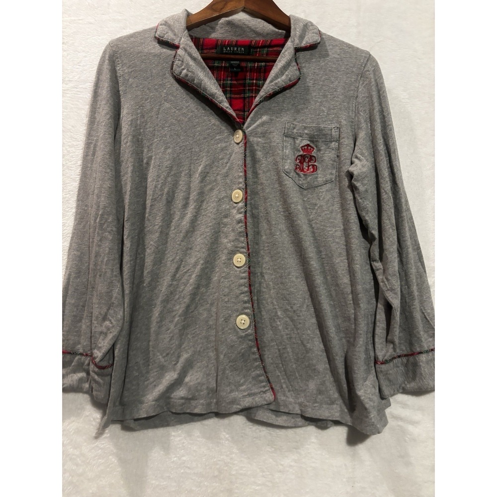 Lauren Ralph Lauren Women's Large Pajama Sleep Shirt Gray Button Red Long Sleeve